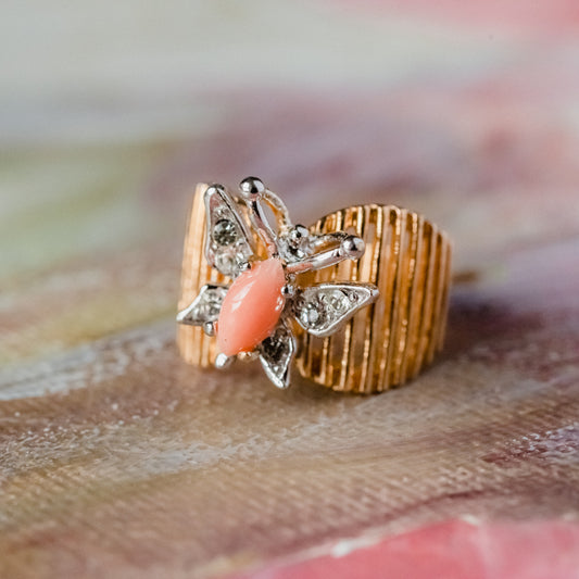 Vintage Butterfly Ring Genuine Coral and Clear Austrian Crystals 18kt Yellow Gold Electroplated