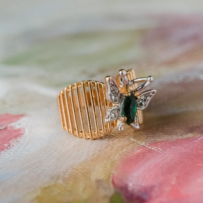 Vintage Butterfly Ring Genuine Coral and Clear Austrian Crystals 18kt Yellow Gold Electroplated