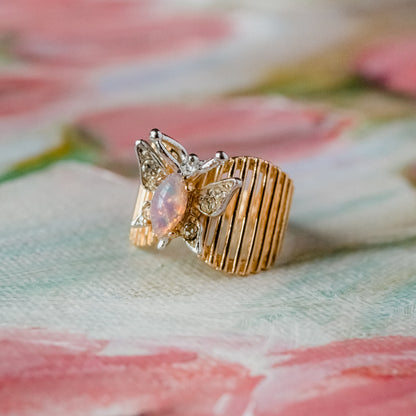 Vintage Butterfly Ring Genuine Coral and Clear Austrian Crystals 18kt Yellow Gold Electroplated
