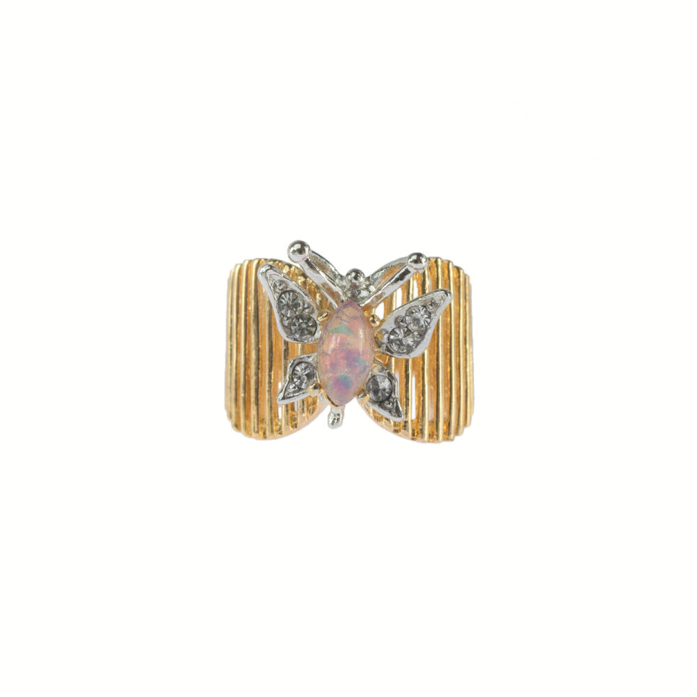 Vintage 1980s Butterfly Ring with Harlequin Opal and Clear Austrian Crystals 18kt Yellow Gold Electroplated jewelry image 1