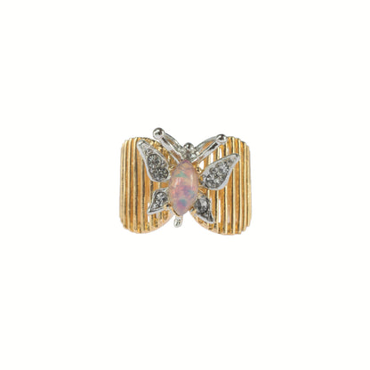 Vintage 1980s Butterfly Ring with Harlequin Opal and Clear Austrian Crystals 18kt Yellow Gold Electroplated jewelry image 1