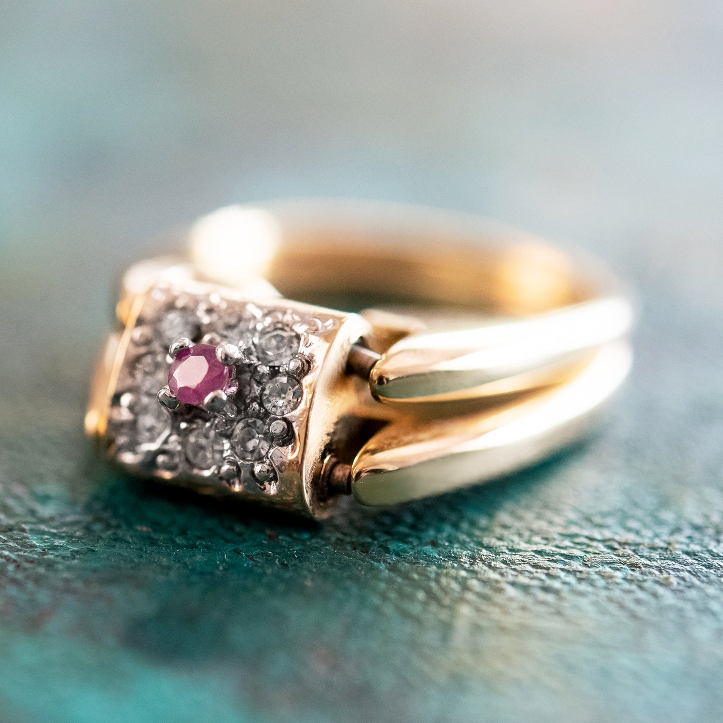 Vintage Ring Genuine Ruby and Clear Austrian Crystals 18kt Yellow Gold Plated Band Made in USA