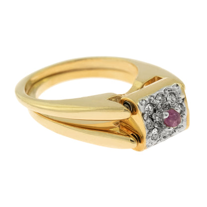 Vintage Ring Genuine Ruby and Clear Austrian Crystals 18kt Yellow Gold Plated Band Made in USA