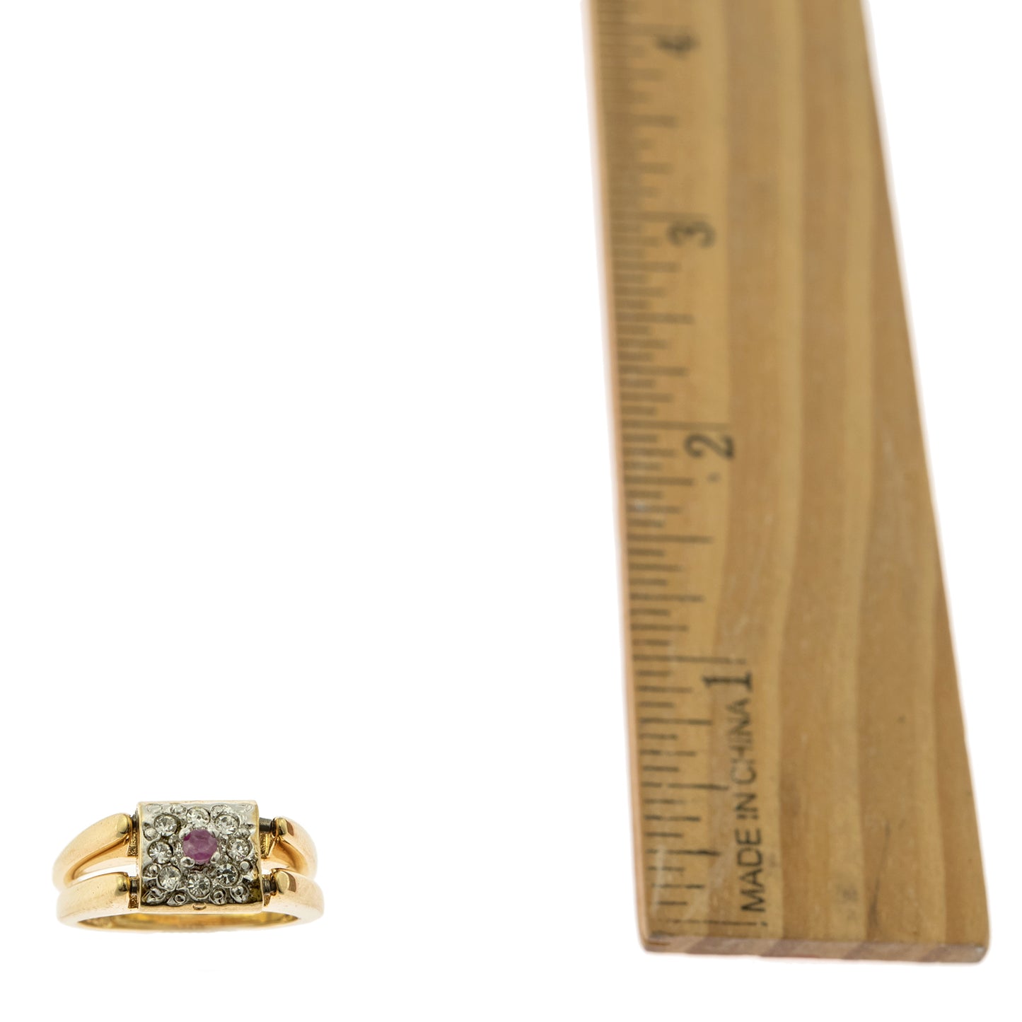 Vintage Ring Genuine Ruby and Clear Austrian Crystals 18kt Yellow Gold Plated Band Made in USA