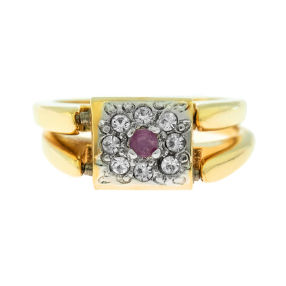 Vintage Ring Genuine Ruby and Clear Austrian Crystals 18kt Yellow Gold Plated Band Made in USA