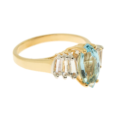 Vintage Ring Genuine Blue Topaz and Clear Austrian Crystals 18kt Yellow Gold Plated Size 5