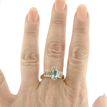 Vintage Ring Genuine Blue Topaz and Clear Austrian Crystals 18kt Yellow Gold Plated Size 5