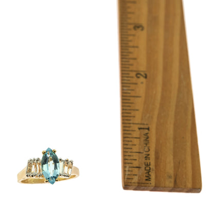 Vintage Ring Genuine Blue Topaz and Clear Austrian Crystals 18kt Yellow Gold Plated Size 5