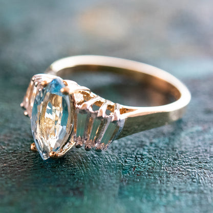 Vintage Ring Genuine Blue Topaz and Clear Austrian Crystals 18kt Yellow Gold Plated Size 5