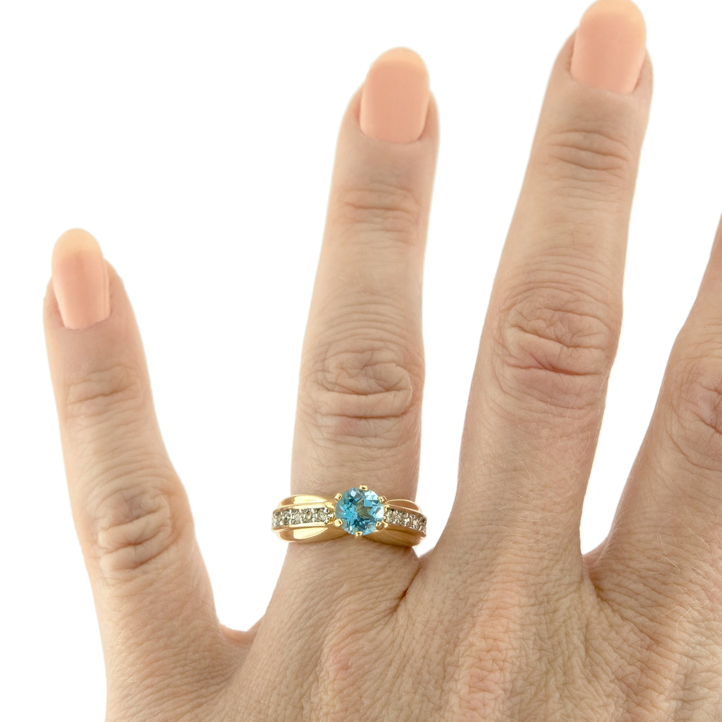 Vintage Ring Genuine Blue Topaz and Clear Austrian Crystals 18kt Yellow Gold Plated Made in USA Size: 6