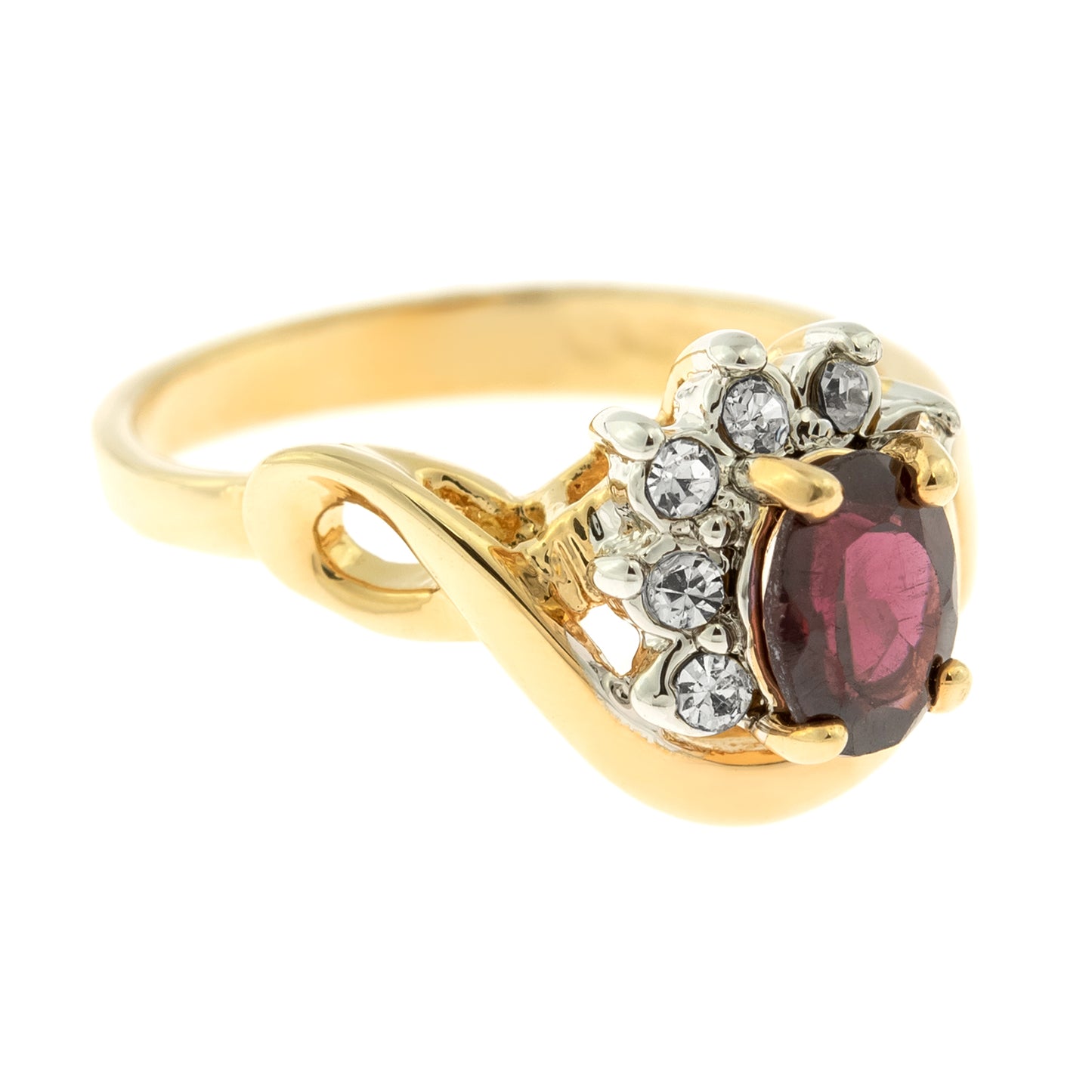 Vintage Ring Genuine Garnet and Clear Austrian Crystals 18kt Yellow Gold Plated Made in USA Size: 7