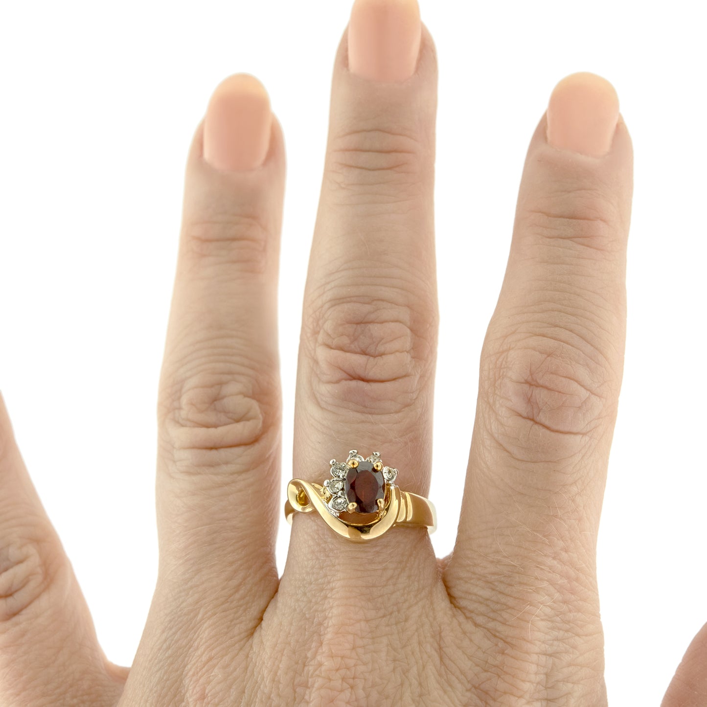 Vintage Ring Genuine Garnet and Clear Austrian Crystals 18kt Yellow Gold Plated Made in USA Size: 7