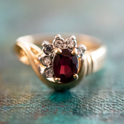 Vintage Ring Genuine Garnet and Clear Austrian Crystals 18kt Yellow Gold Plated Made in USA Size: 7