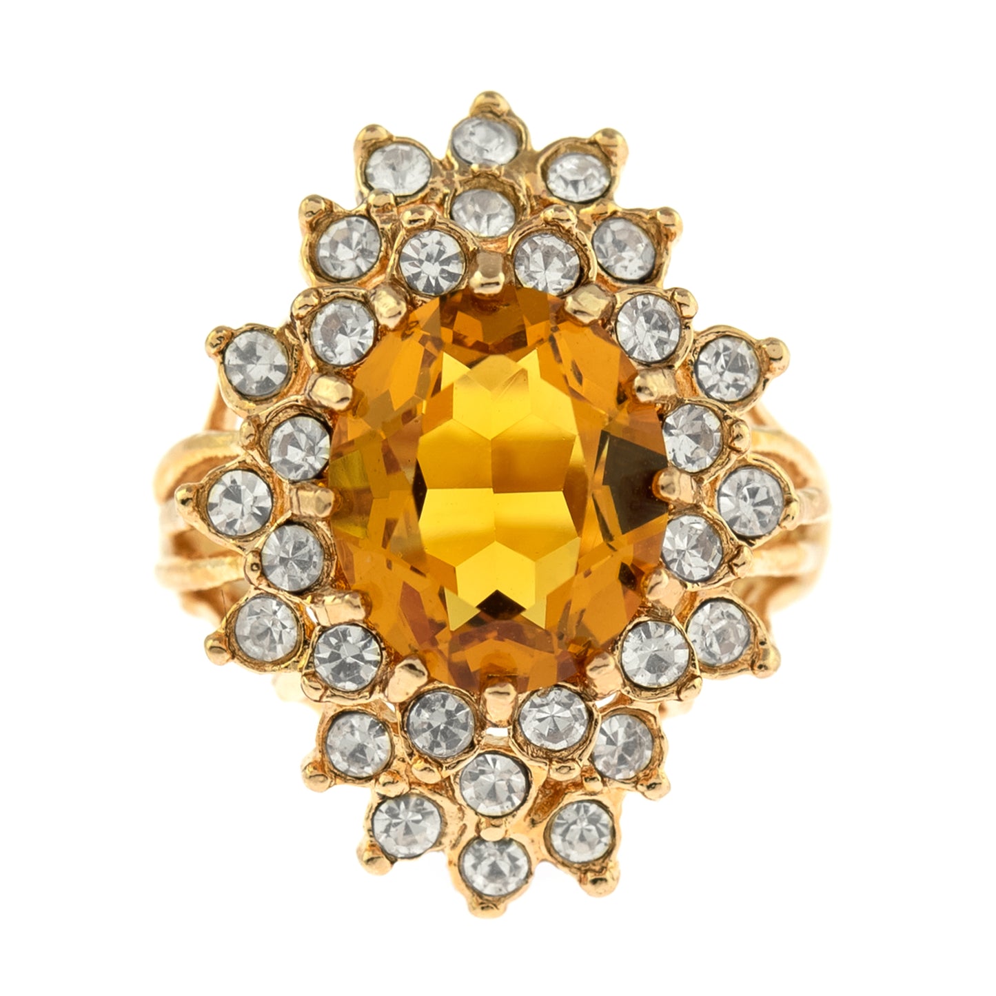 Vintage Light Topaz and Clear Austrian Crystal Cocktail Ring – 18k Gold Electroplated, Made in USA jewelry image 1