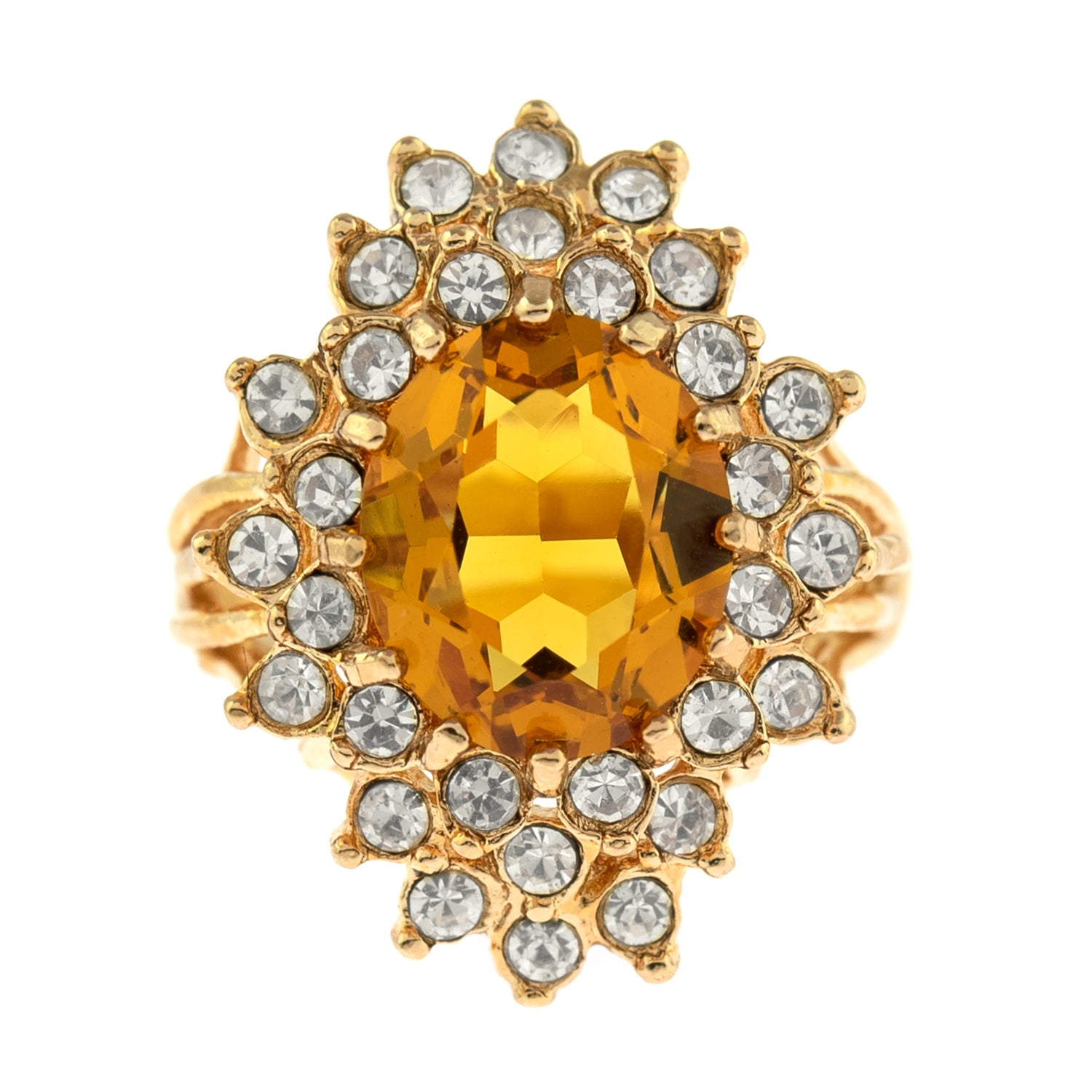 Vintage Light Topaz and Clear Austrian Crystal Cocktail Ring – 18k Gold Electroplated, Made in USA jewelry image 1
