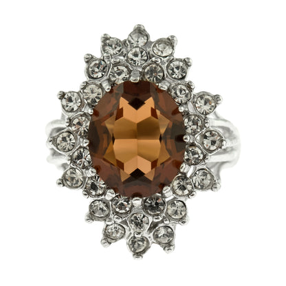 Vintage Smokey Topaz and Clear Austrian Crystal 18k White Gold Electroplated Cocktail Ring jewelry image 1