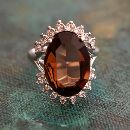 Vintage 1970's Ring Ruby and Clear Austrian Crystals 18k Yellow Gold Plated Band Made in USA