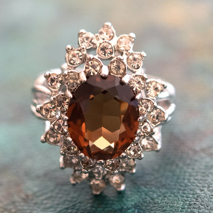 Vintage Women's Austrian Crystal Cocktail Ring 18k Gold Electroplated Birthstone Ring for Women