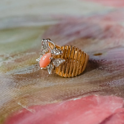 Vintage Butterfly Ring Genuine Coral and Clear Austrian Crystals 18kt Yellow Gold Electroplated