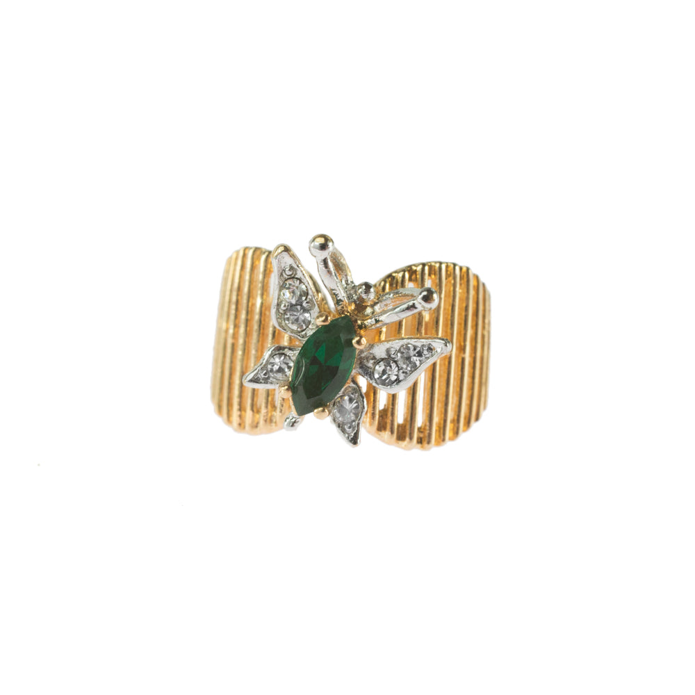 Vintage 1980s Butterfly Ring with Emerald and Clear Austrian Crystals - 18kt Yellow Gold Electroplated jewelry image 1