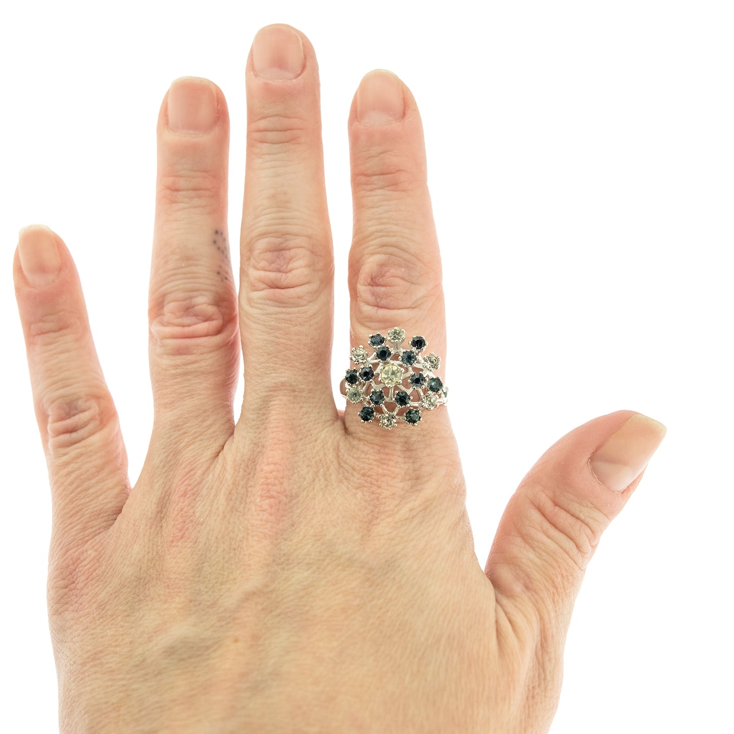 Vintage Ring Ruby Austrian Crystals and Pinfire Opals 18k White Gold Electroplate Made in the USA