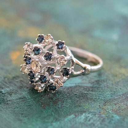 Vintage Ring Ruby Austrian Crystals and Pinfire Opals 18k White Gold Electroplate Made in the USA