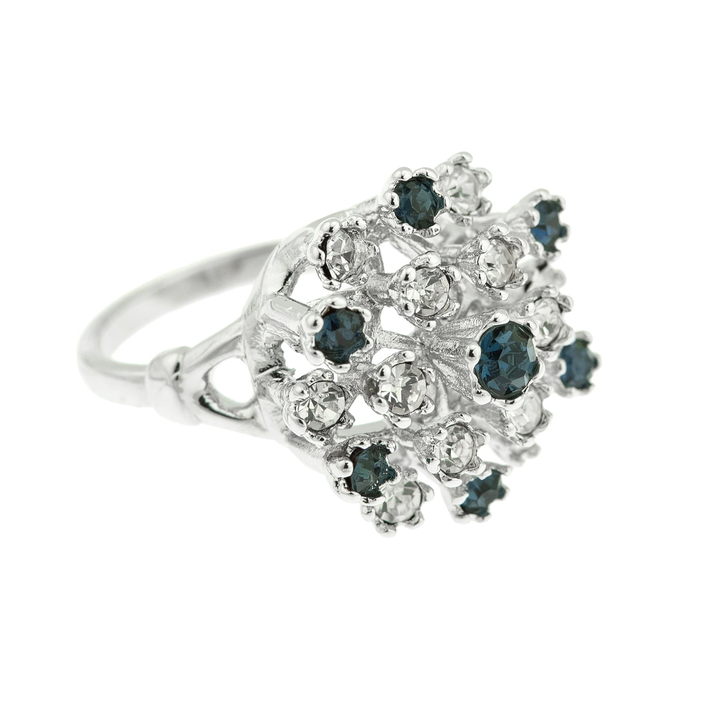 Vintage Ring Ruby Austrian Crystals and Pinfire Opals 18k White Gold Electroplate Made in the USA