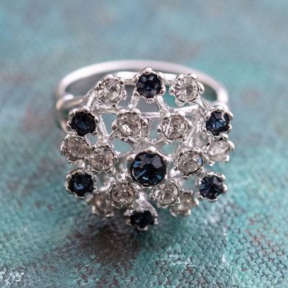 Vintage Ring Ruby Austrian Crystals and Pinfire Opals 18k White Gold Electroplate Made in the USA