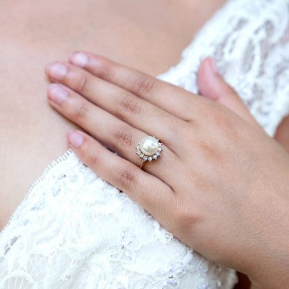 Vintage Pearl Ring - Clear Austrian Crystals - 18kt Yellow Gold Electroplated - June Birthstone - Made in the USA