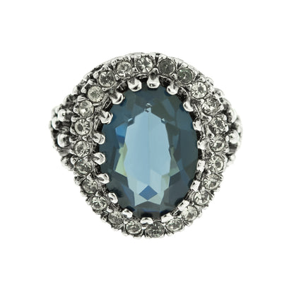Sapphire and Clear Austrian Crystal Antiqued 18k White Gold Electroplated Edwardian Style Ring - Made in USA jewelry image 1