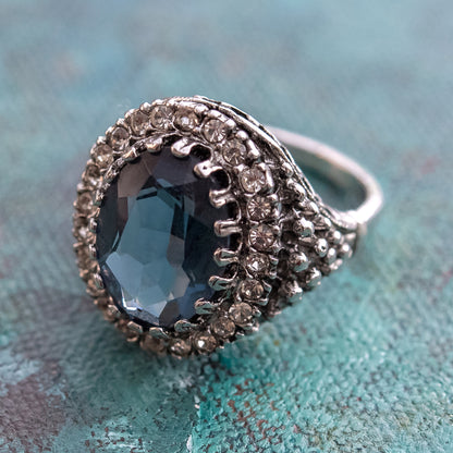 Vintage Amethyst and Clear Crystal 18k Antiqued Yellow Gold Electroplated Ring Made in the USA