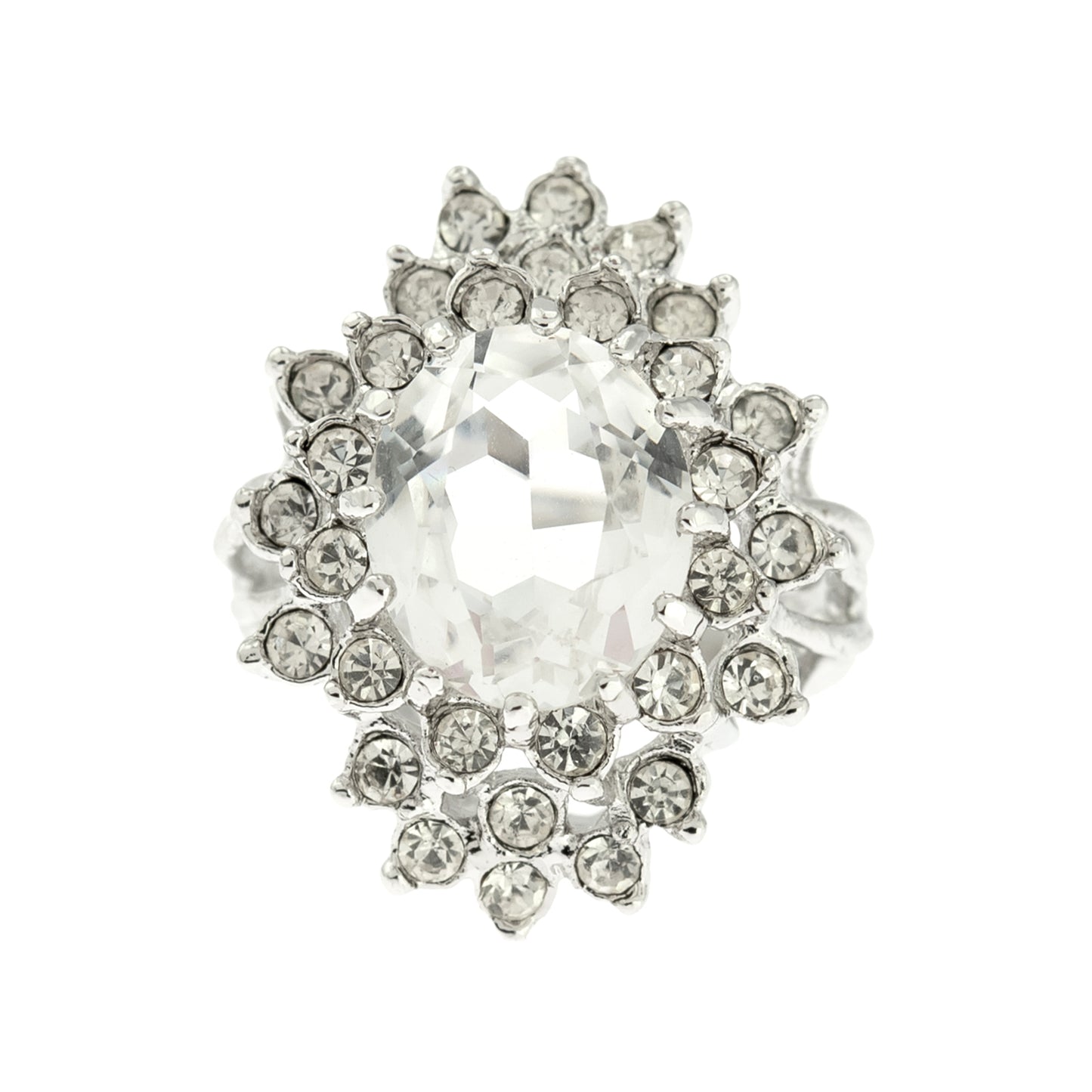 Vintage Clear Austrian Crystal 18k White Gold Electroplated Cocktail Ring - Made in USA jewelry image 1