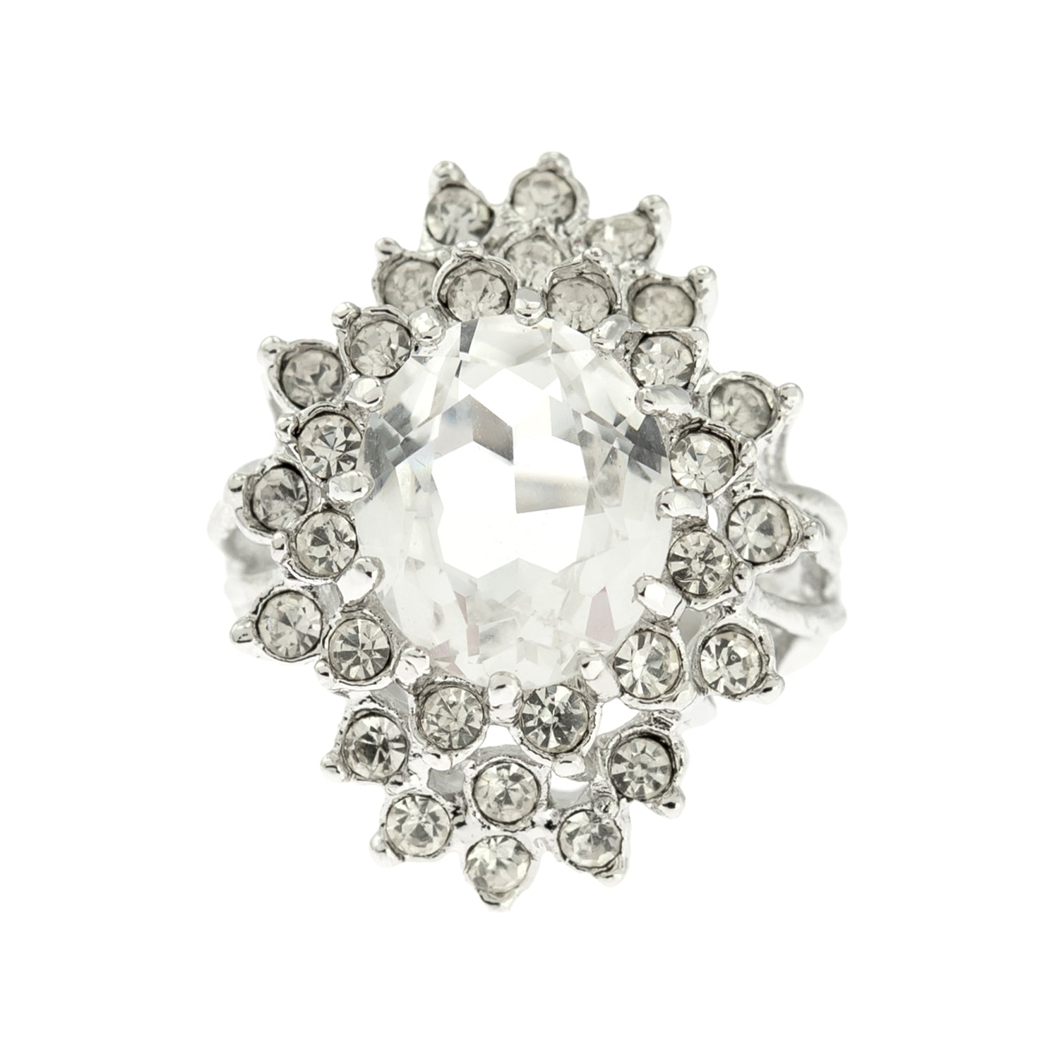 Vintage Clear Austrian Crystal 18k White Gold Electroplated Cocktail Ring - Made in USA jewelry image 1