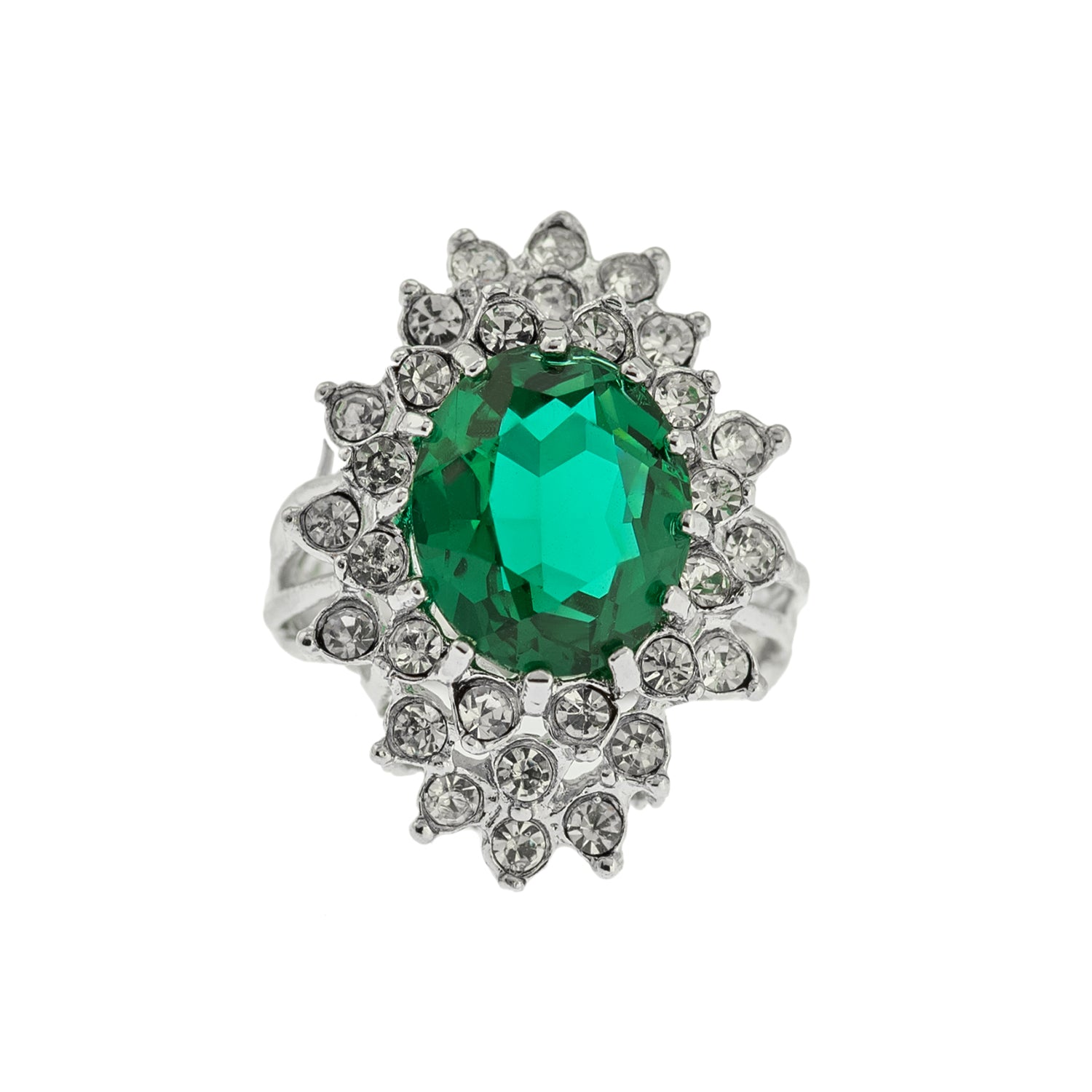 Vintage Emerald and Clear Austrian Crystal 18k White Gold Electroplated Cocktail Ring Made in USA jewelry image 1