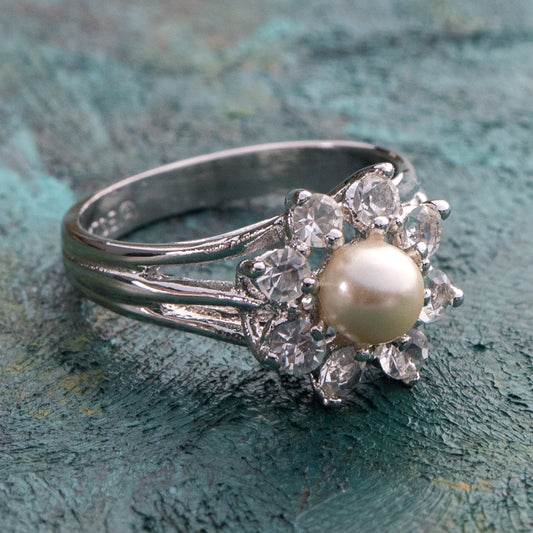 Vintage Pearl and Clear Crystal Ring Genuine Rhodium Plated Made in USA Size 5