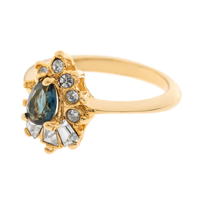 Vintage 1990's Ring Ruby and Clear Austrian Crystals 18k Yellow Gold Plated