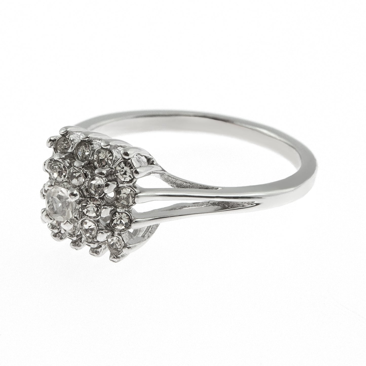 Vintage Clear Austrian Crystal Burst Ring 18kt White Gold Electroplated Made in USA