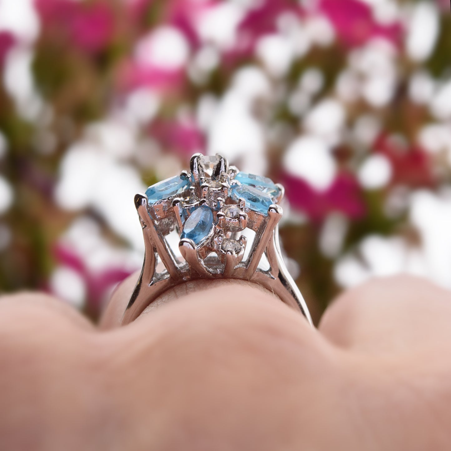 Vintage Ring Aquamarine and Clear Swarovski Crystals 18k White Gold Unique Cluster Antique Womans #R1863-AQW Size: 4