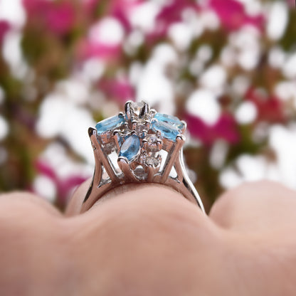 Vintage Ring Aquamarine and Clear Swarovski Crystals 18k White Gold Unique Cluster Antique Womans #R1863-AQW Size: 4