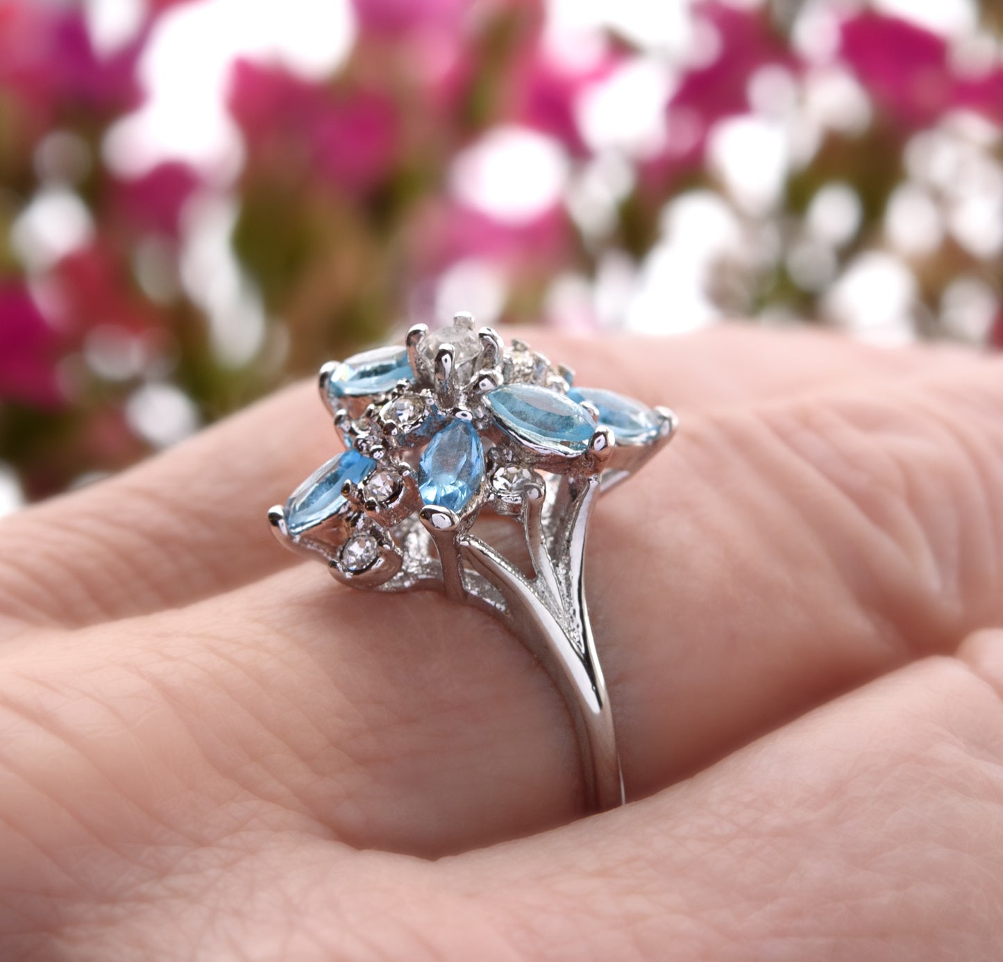 Vintage Ring Aquamarine and Clear Swarovski Crystals 18k White Gold Unique Cluster Antique Womans #R1863-AQW Size: 4