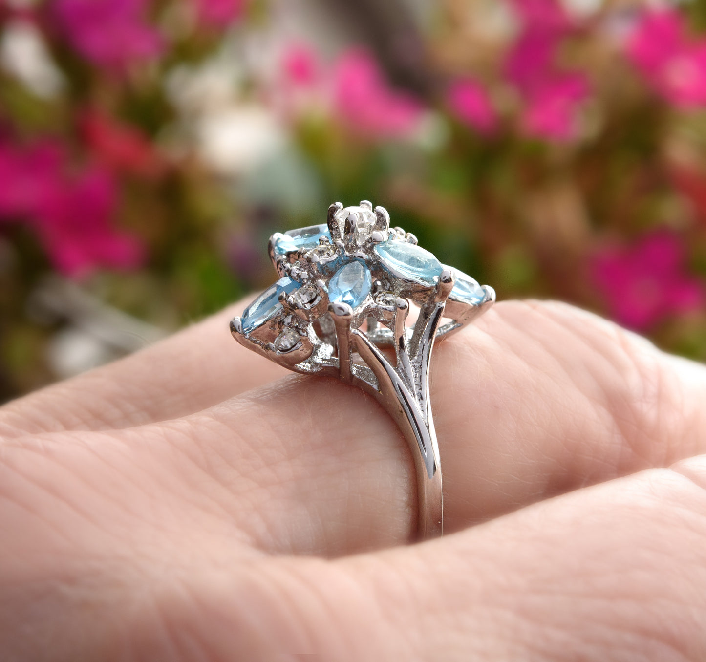 Vintage Ring Aquamarine and Clear Swarovski Crystals 18k White Gold Unique Cluster Antique Womans #R1863-AQW Size: 4