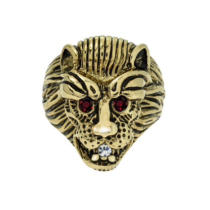 Vintage 18K HGE Gold Lion Head Ring with Ruby Red Eyes - Made in USA jewelry image 1