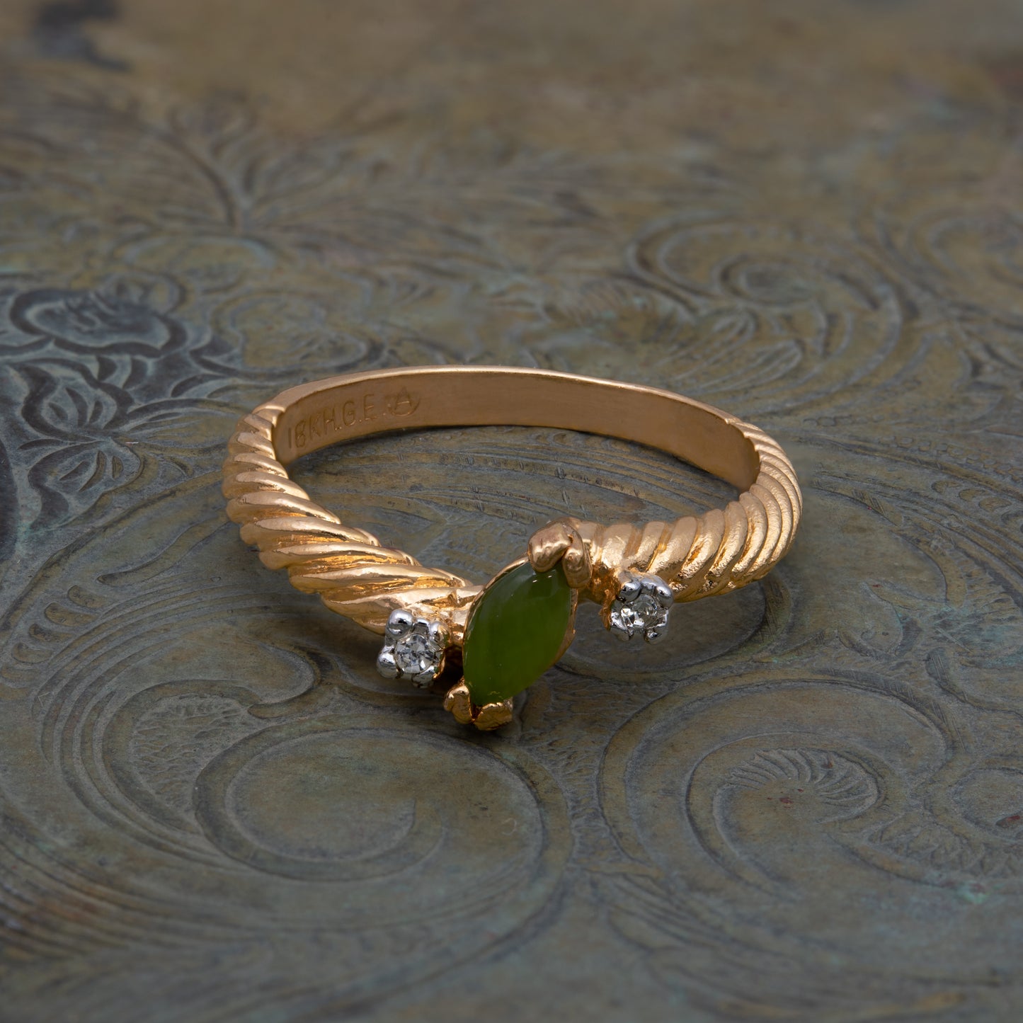 Vintage Genuine Jade Ring - Clear Austrian Crystals - 18k Yellow Gold Electroplated - Made in USA