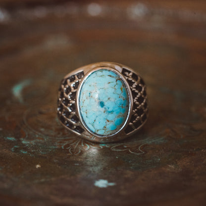 Vintage 1980's Men's Ring Turquoise Bead Antiqued 18k White Gold Electroplated Ring Made in USA Size: 7