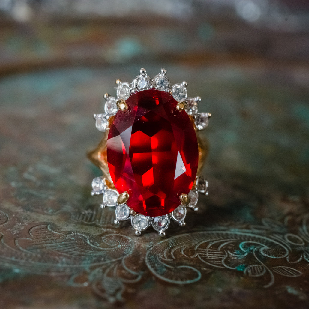 Vintage 1970's Ring Ruby and Clear Austrian Crystals 18k Yellow Gold Plated Band Made in USA