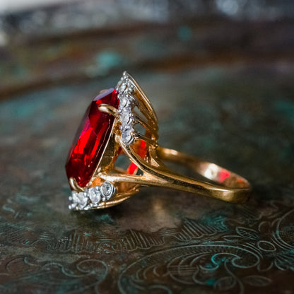 Vintage 1970's Ring Ruby and Clear Austrian Crystals 18k Yellow Gold Plated Band Made in USA