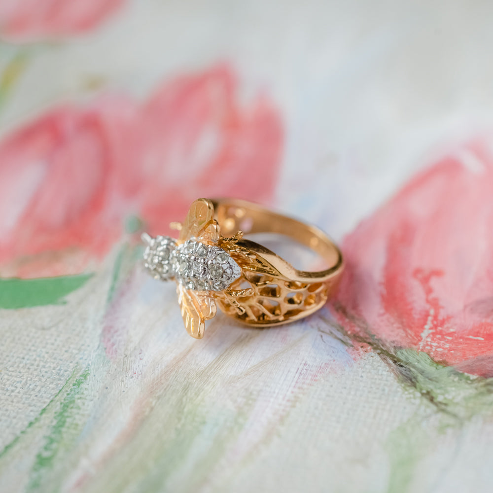 Vintage Bee Ring Austrian Crystals 18kt Gold Insect Womans Jewelry Handmade