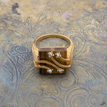 Vintage Ring Genuine Tiger Eye Cocktail Ring 18k Gold  R9004 Size 6