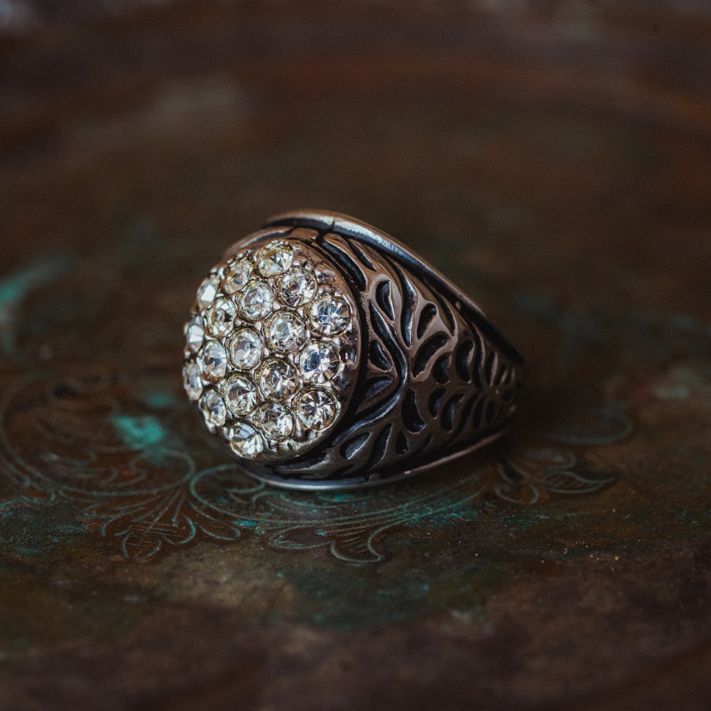Vintage Men's Ring Clear Austrian Crystals 18k White or Yellow Gold Electroplated Made in USA