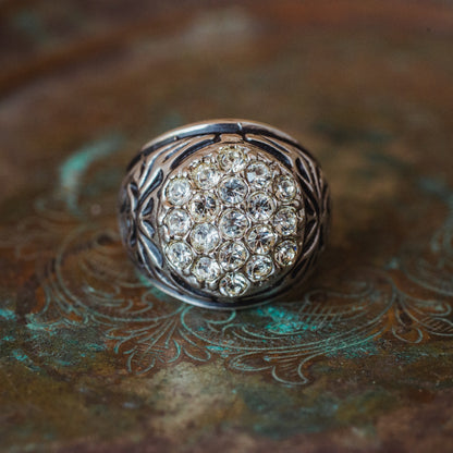 Vintage Men's Ring Clear Austrian Crystals 18k White or Yellow Gold Electroplated Made in USA